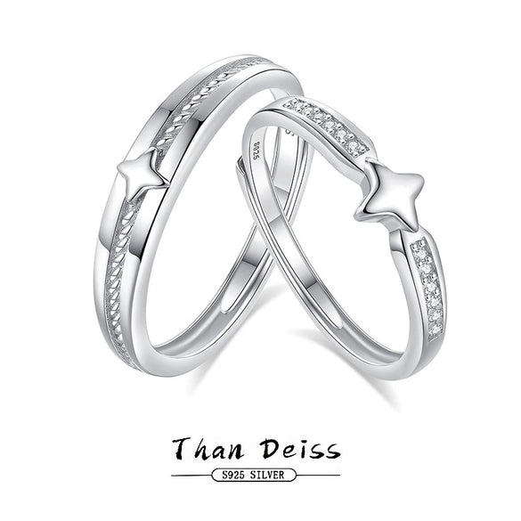 Couple's 925 Silver Ring With Star Pattern And Diamond Design