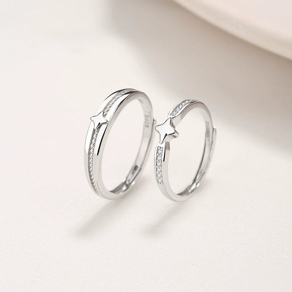 Couple's 925 Silver Ring With Star Pattern And Diamond Design