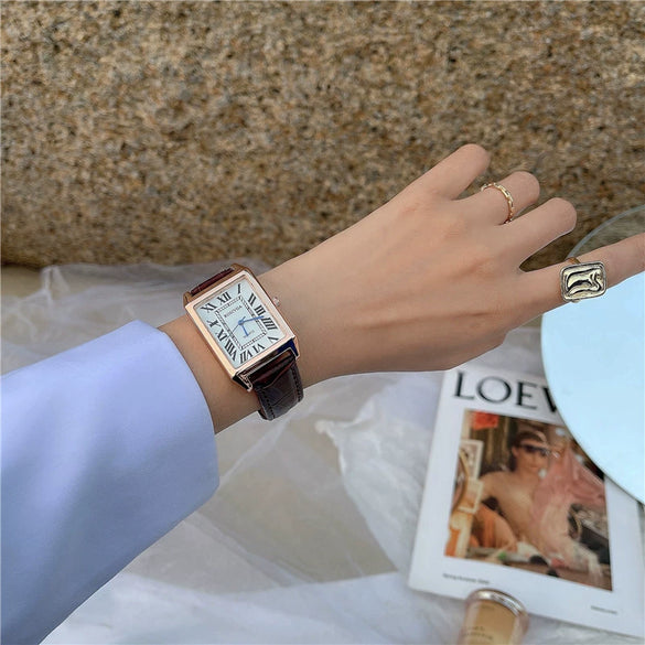 Couple's Square Alloy Case Ordinary Glass Mirror Casual Quartz Belt Pointer Watch