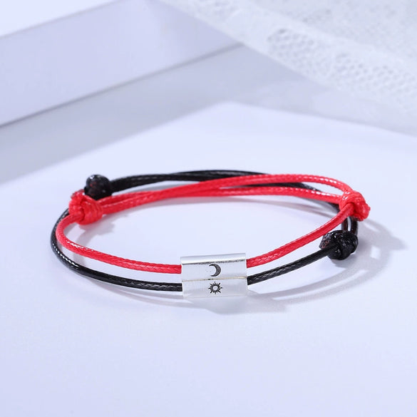 Couple's Sterling Silver 925 Hand Rope Bracelet With Geometric Sun Moon Pendant Electroplated
