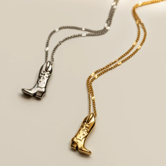 Cowboy Boots Necklace With Retro Antique Silver Boot Pendant Stainless Steel Clavicle Chain Real Gold Plated Electroplated Jewelry