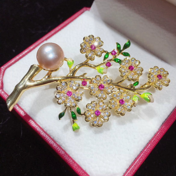 Craft Natural Freshwater Pearl Plum Blossom Corsage Pin Copper Brooch For Women Fashion