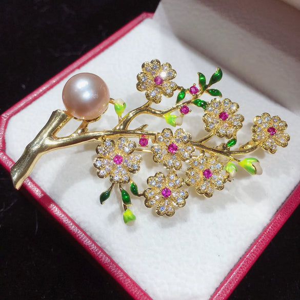 Craft Natural Freshwater Pearl Plum Blossom Corsage Pin Copper Brooch For Women Fashion
