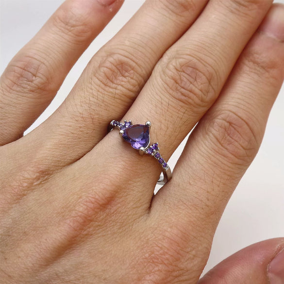 Creative Amethyst Zircon Silver Ring Fashion Wedding Heartshaped Colored Diamond Ring Female  Sales