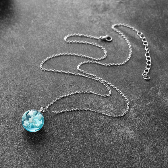Creative Blue Sky White Clouds Cartoon Style Alloy Resin Transparent Ball Pendant Necklace With Electroplating For Women