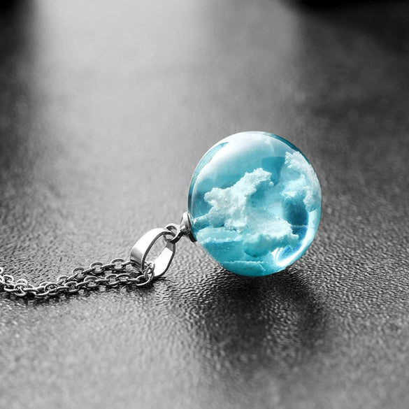 Creative Blue Sky White Clouds Cartoon Style Alloy Resin Transparent Ball Pendant Necklace With Electroplating For Women
