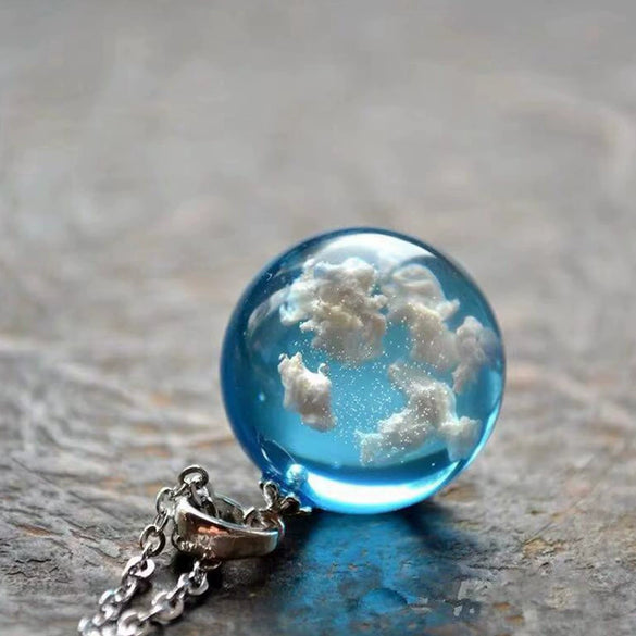Creative Blue Sky White Clouds Cartoon Style Alloy Resin Transparent Ball Pendant Necklace With Electroplating For Women