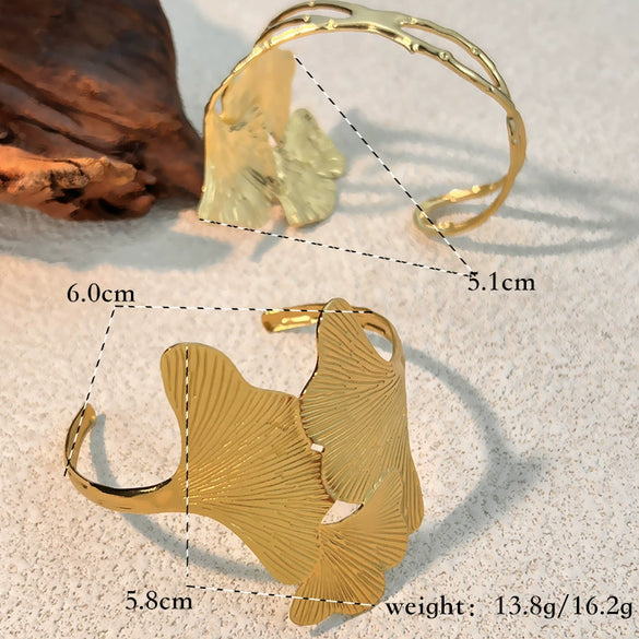 Creative Ginkgo Leaf C Shaped Bracelet Stainless Steel 18K Gold Plated Retro Geometric Electroplated
