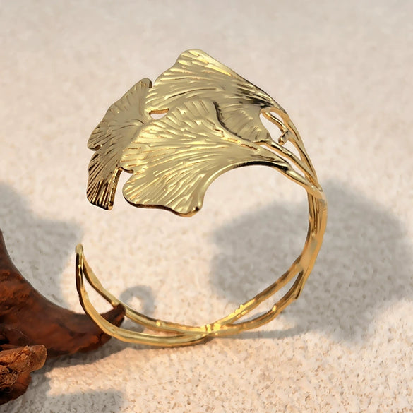 Creative Ginkgo Leaf C Shaped Bracelet Stainless Steel 18K Gold Plated Retro Geometric Electroplated