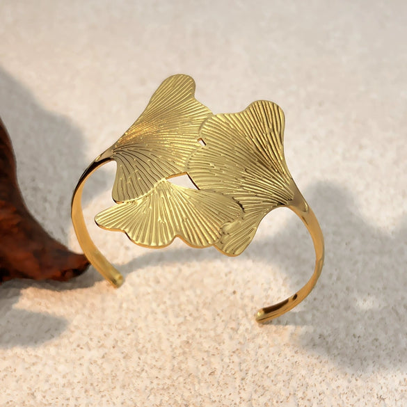 Creative Ginkgo Leaf C Shaped Bracelet Stainless Steel 18K Gold Plated Retro Geometric Electroplated