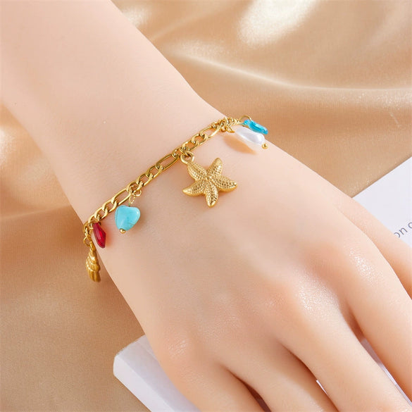 Creative Gold Plated Tortoise Dolphin Starfish Pendant Stainless Steel Chain Jewelry Bracelet For Women With Animal Pattern And Electroplating Treatment