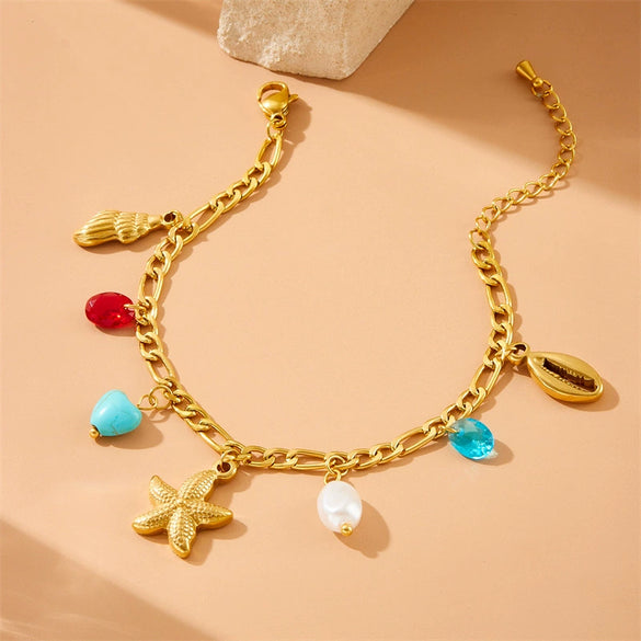 Creative Gold Plated Tortoise Dolphin Starfish Pendant Stainless Steel Chain Jewelry Bracelet For Women With Animal Pattern And Electroplating Treatment