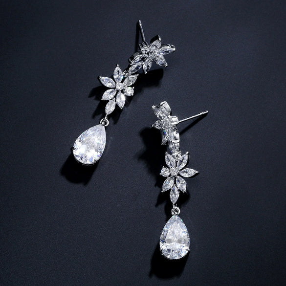 Creative Long Flower Earrings For Women Light Luxury Micro Inlaid Water Drop Zircon Copper Electroplated