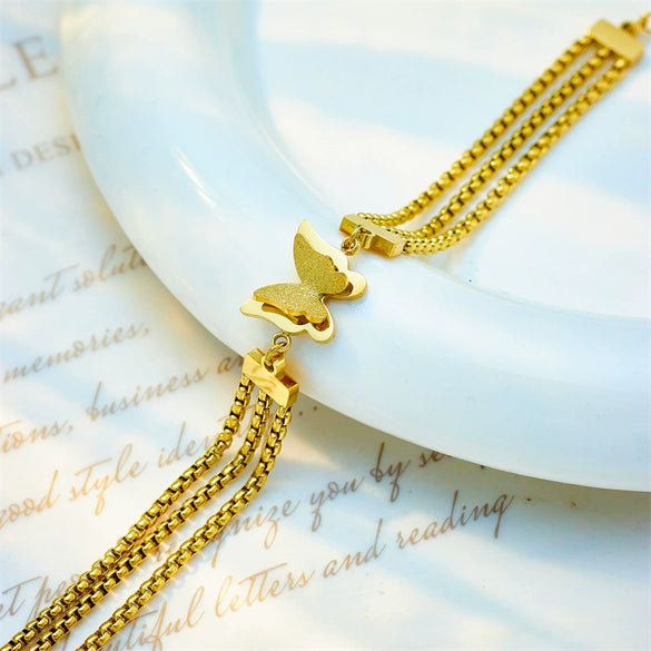 Creative Niche Fashion 3D Frosted Butterfly Connection Multi Layer Chain Titanium Steel Stacked Bracelet With Electroplating