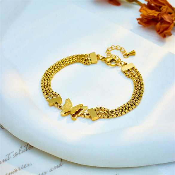 Creative Niche Fashion 3D Frosted Butterfly Connection Multi Layer Chain Titanium Steel Stacked Bracelet With Electroplating