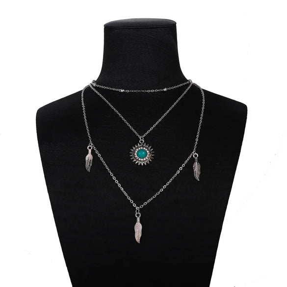 Creative Retro Simple Neck Chain Alloy Feather Pendant Multi-Layer Necklace Wholesale Nihaojewelry