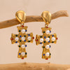 Creative Retro Women's Stainless Steel 18K Gold Plated Cross Earrings With Geometric Design And Color Diamond Pearl Accents