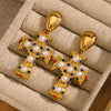 Creative Retro Women's Stainless Steel 18K Gold Plated Cross Earrings With Geometric Design And Color Diamond Pearl Accents