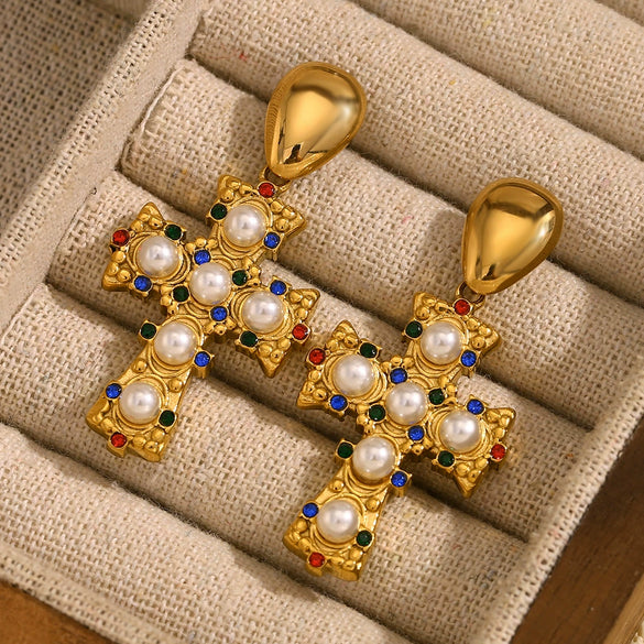 Creative Retro Women's Stainless Steel 18K Gold Plated Cross Earrings With Geometric Design And Color Diamond Pearl Accents
