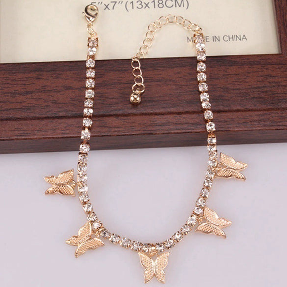 Creative Rhinestone Small Butterfly Anklet Alloy Claw Chain Tassel Foot Decoration With Inlaid Artificial Gemstones And Semi Precious Stones For Women
