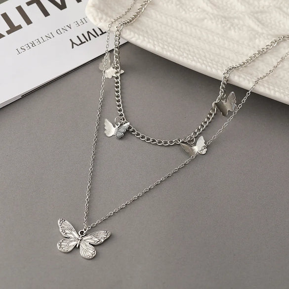Creative Simple Jewelry Retro Antique Butterfly Pendant Double Necklace