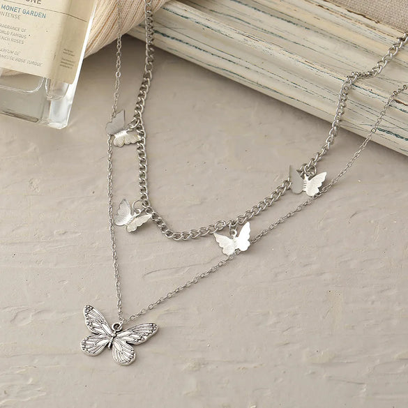 Creative Simple Jewelry Retro Antique Butterfly Pendant Double Necklace