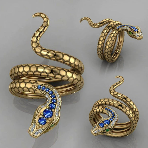 Creative Snakeshaped Inlaid Sapphire Blue Zircon Copper Women's Ring Jewelry