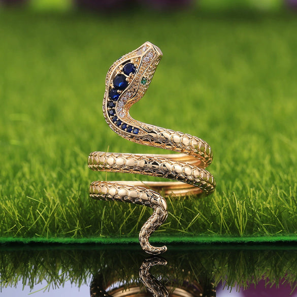 Creative Snakeshaped Inlaid Sapphire Blue Zircon Copper Women's Ring Jewelry