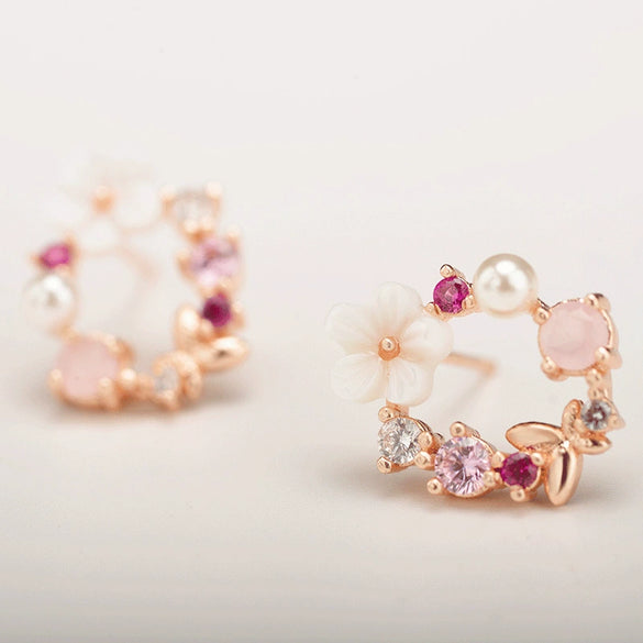 Creative Women's Earrings With Sweet Flower Heart Pearl Bow Wreath Design Alloy Electroplated