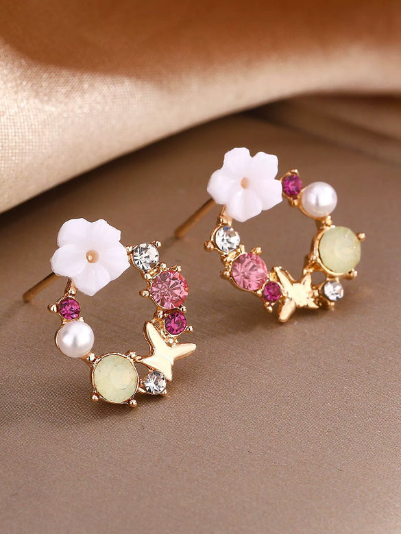 Creative Women's Earrings With Sweet Flower Heart Pearl Bow Wreath Design Alloy Electroplated