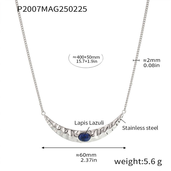 Crescent Shaped Double Layer Necklace And Texturised Bead Earrings Set In Titanium Steel With Lapis Lazuite Beads Light Luxury Style Electroplating Process
