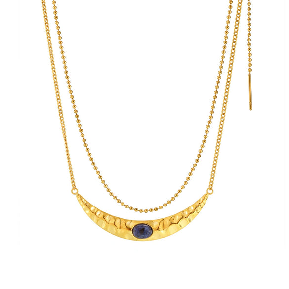 Crescent Shaped Double Layer Necklace And Texturised Bead Earrings Set In Titanium Steel With Lapis Lazuite Beads Light Luxury Style Electroplating Process