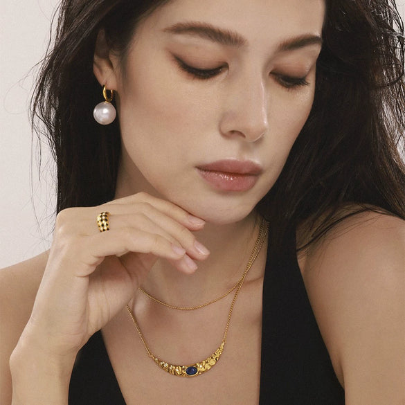 Crescent Shaped Double Layer Necklace And Texturised Bead Earrings Set In Titanium Steel With Lapis Lazuite Beads Light Luxury Style Electroplating Process