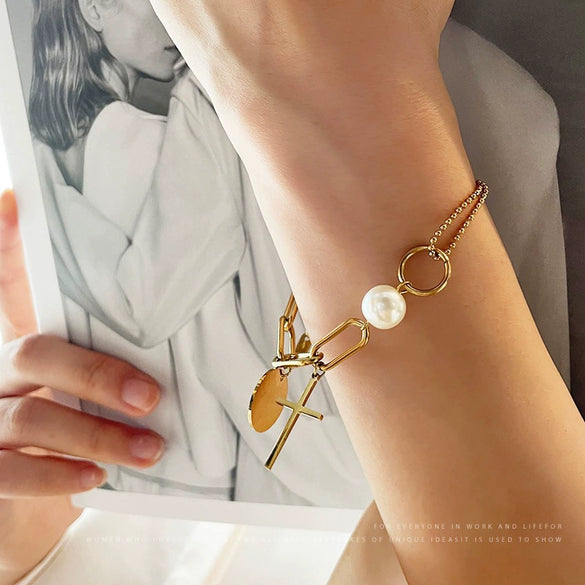Cross Antifading Bracelet Made Of Titanium Steel With Geometric Pattern Electroplated In 18K Gold For Women