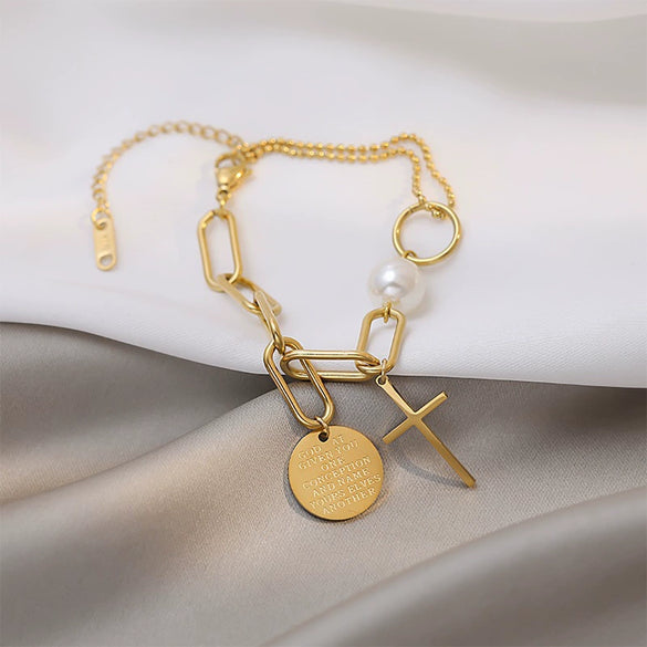 Cross Antifading Bracelet Made Of Titanium Steel With Geometric Pattern Electroplated In 18K Gold For Women