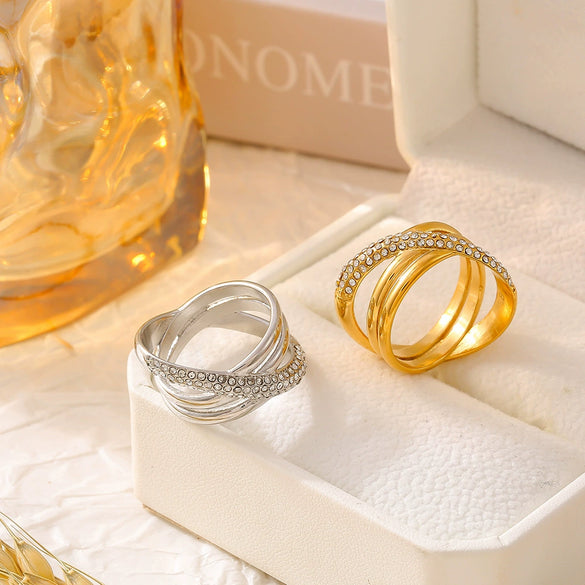 Cross Winding Retro Niche Women's Stainless Steel Ring Plated 18K Real Gold Electroplated