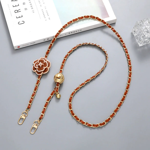 Crossbody Chain Adjustable Replacement Chain For Bag Artificial Leather Pearl Flower Semimanual Style