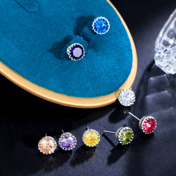 Crown Design Multicolor Zircon Earrings In White Copper Unisex Inlaid Fashion Jewelry For Wholesale