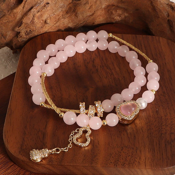 Crystal Double Circle Bracelet Handmade With Rose Quartz Tassel Gourd And Pearl