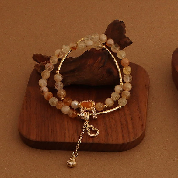 Crystal Double Circle Bracelet Handmade With Rose Quartz Tassel Gourd And Pearl