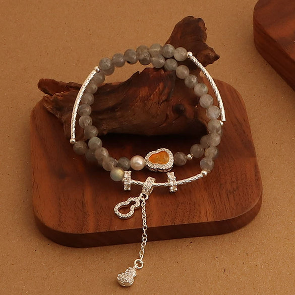 Crystal Double Circle Bracelet Handmade With Rose Quartz Tassel Gourd And Pearl