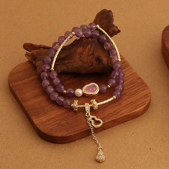 Crystal Double Circle Bracelet Handmade With Rose Quartz Tassel Gourd And Pearl