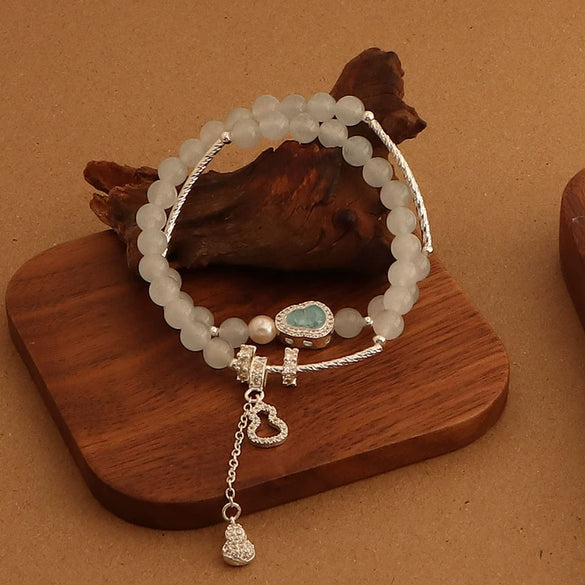 Crystal Double Circle Bracelet Handmade With Rose Quartz Tassel Gourd And Pearl