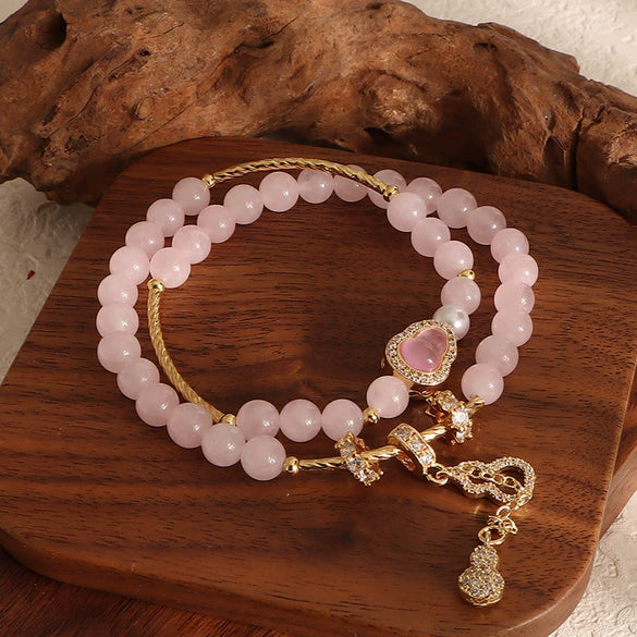 Crystal Double Circle Bracelet Handmade With Rose Quartz Tassel Gourd And Pearl