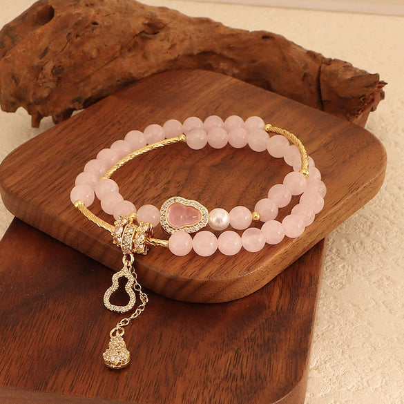 Crystal Double Circle Bracelet Handmade With Rose Quartz Tassel Gourd And Pearl