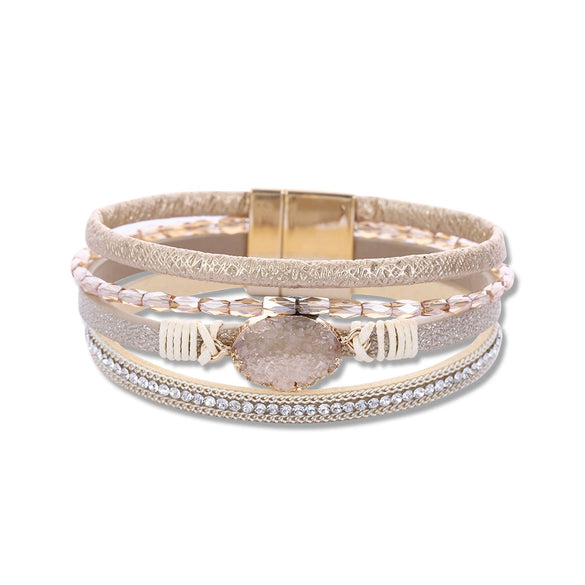 Crystal Leather Handwoven Bracelet With Leaves Pattern And Diamond Braid Design For Women