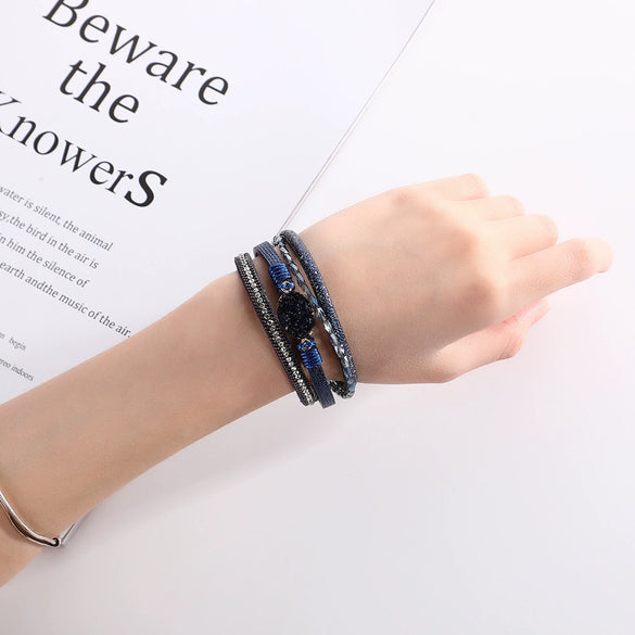 Crystal Leather Handwoven Bracelet With Leaves Pattern And Diamond Braid Design For Women