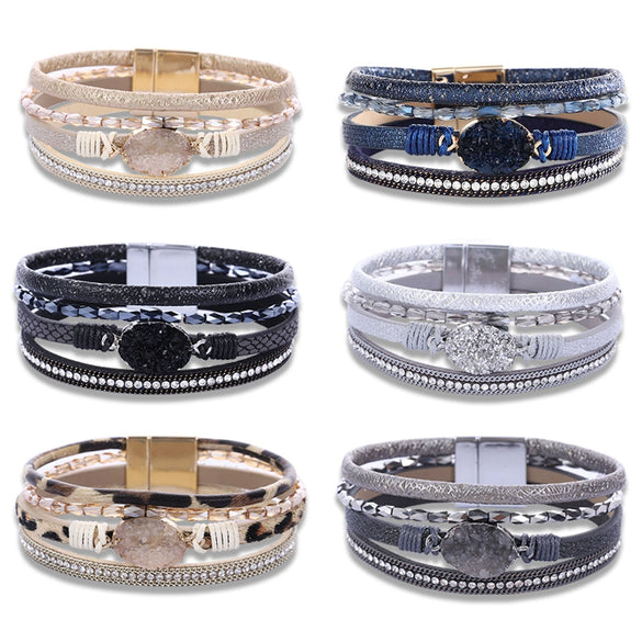 Crystal Leather Handwoven Bracelet With Leaves Pattern And Diamond Braid Design For Women