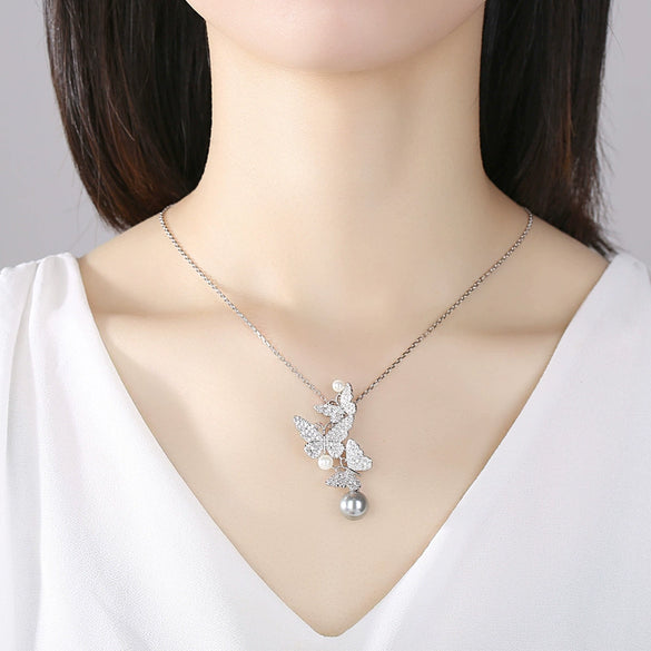 Crystal Pearl Butterfly Necklace With Electroplated Copper Zircon Pendant And Cross Chain For Women