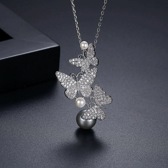 Crystal Pearl Butterfly Necklace With Electroplated Copper Zircon Pendant And Cross Chain For Women